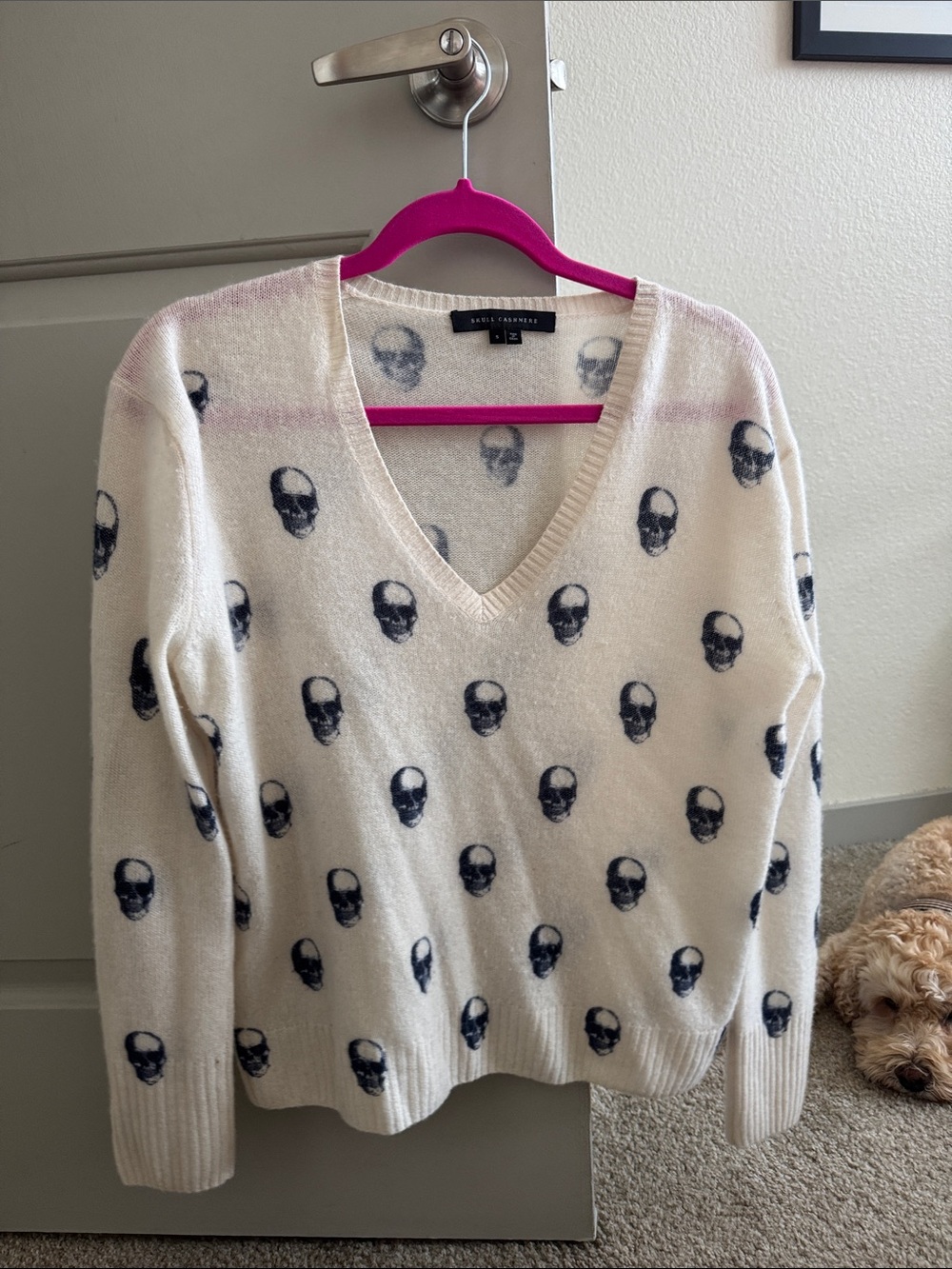 Skull Cashmere Ivory V-Neck Sweater with Black Skull Pattern